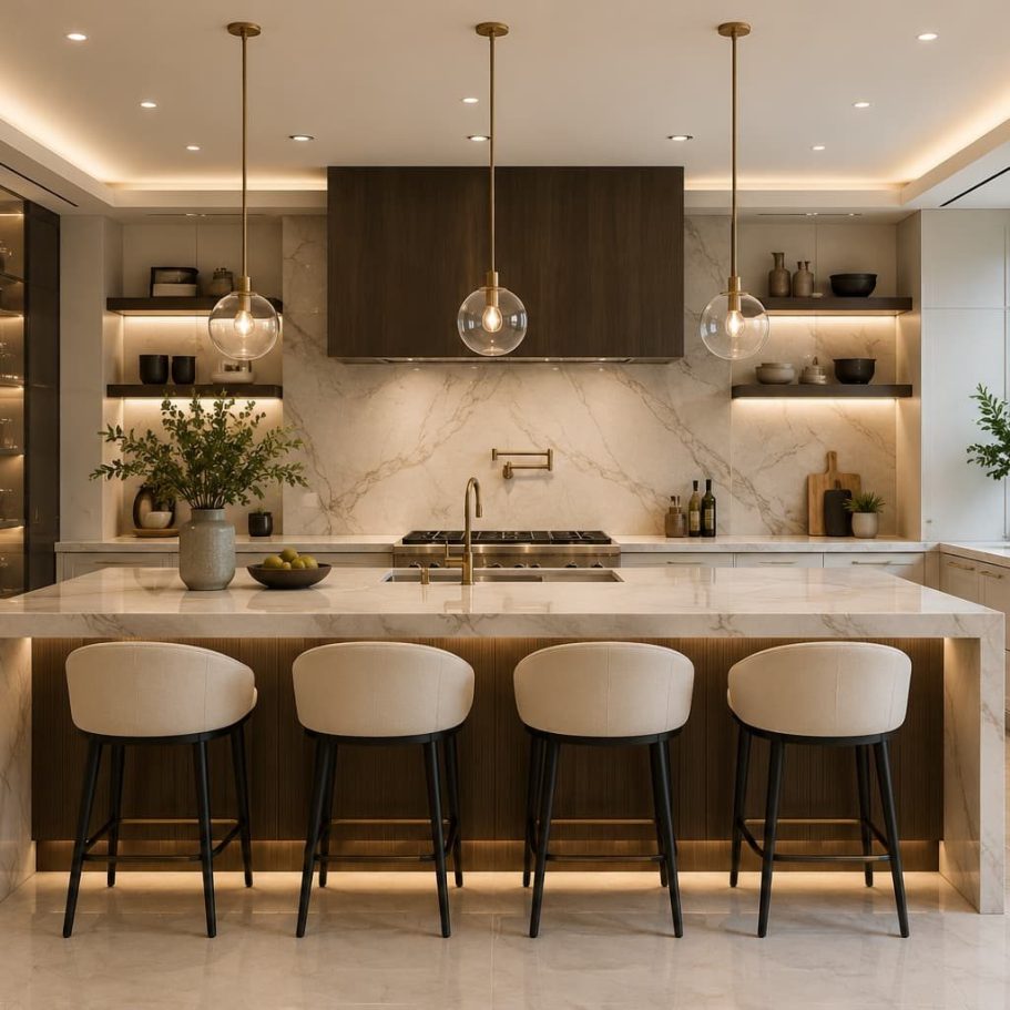Kitchen island with four stools, pendant lighting and open shelving