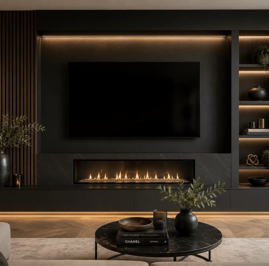 Living room with a fireplace, television and illuminated shelving